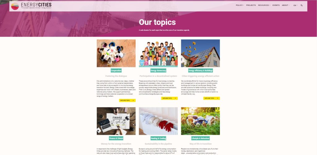 Screenshot Energy Cities topics page